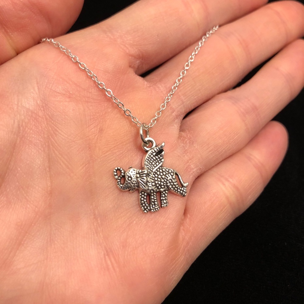 Silver Tone Flying Elephant Pendant Necklace